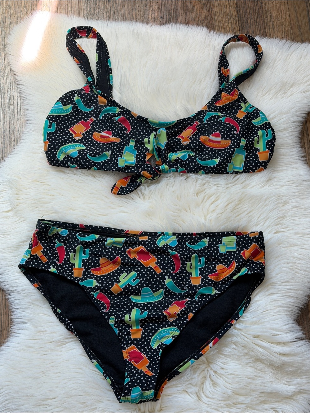 Women's Black Cactus & Sombrero Two-Piece Swim Set